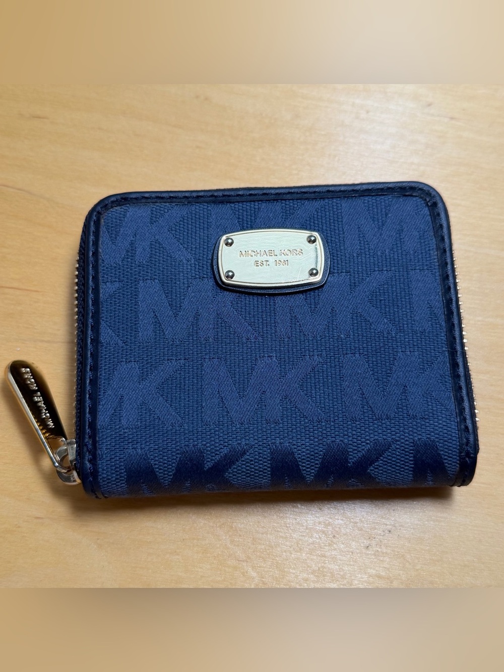 Michael Kors Navy MK Monogram Zip Compact Wallet with Gold Plaque